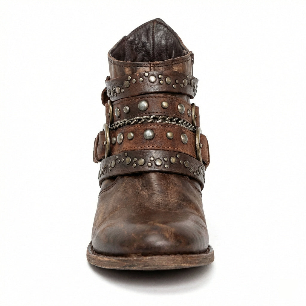 Women's studded ankle boots with buckle straps, chain accents and low block heels