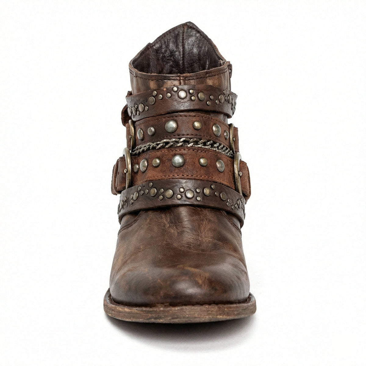 Women's studded ankle boots with buckle straps, chain accents and low block heels