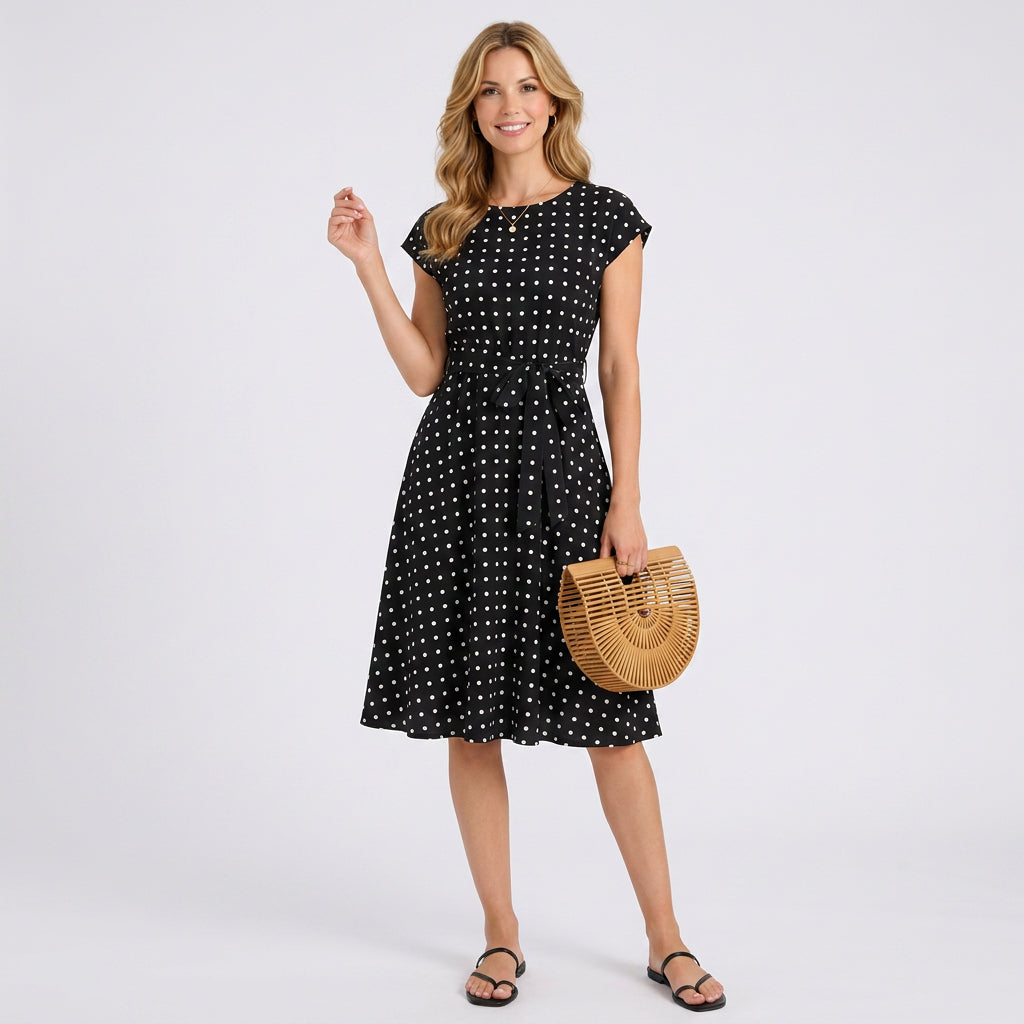 Polka Dot Midi Dress – Tie Waist Pleated Style