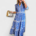 Chain Print Collared Tiered Midi Shirt Dress