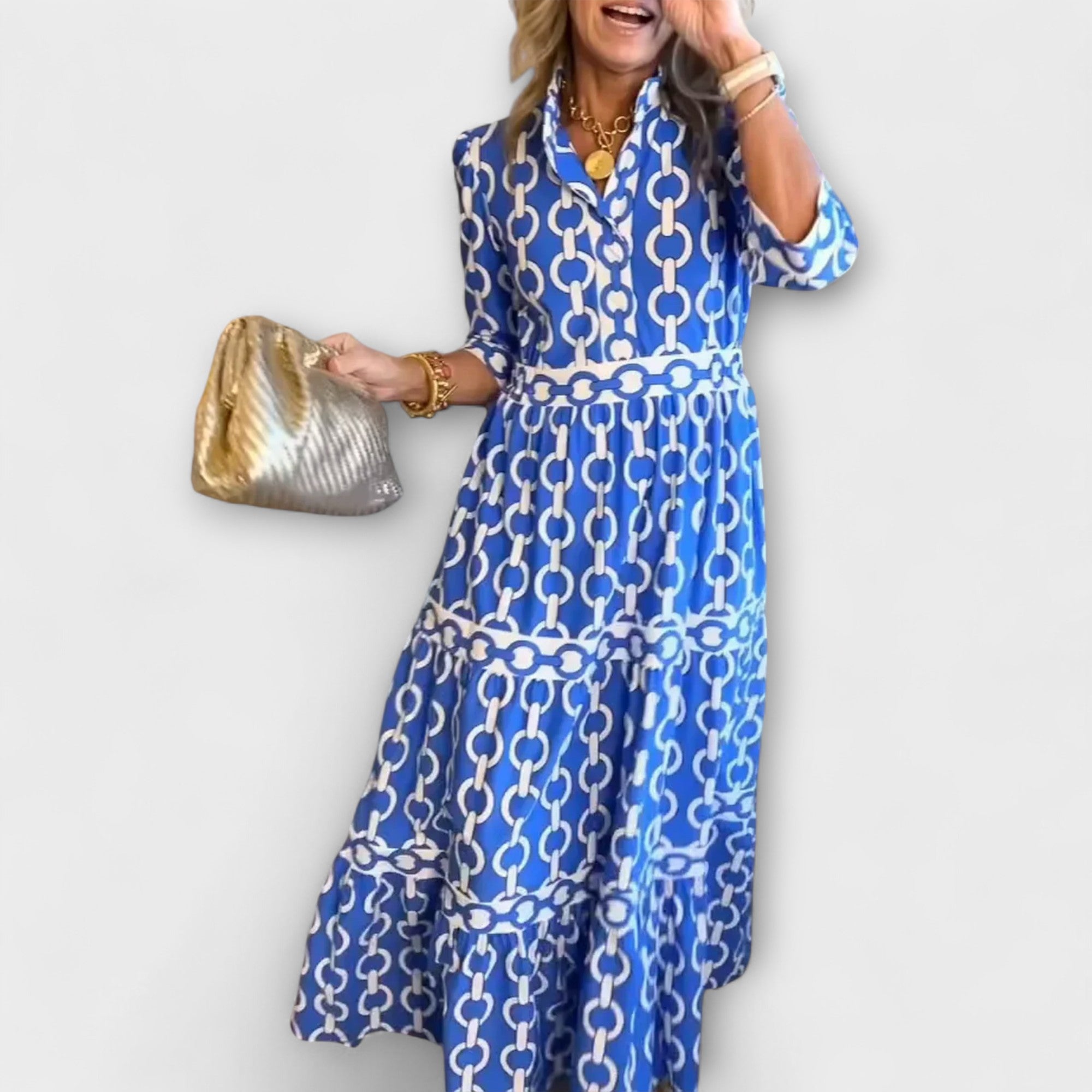 Chain Print Collared Tiered Midi Shirt Dress