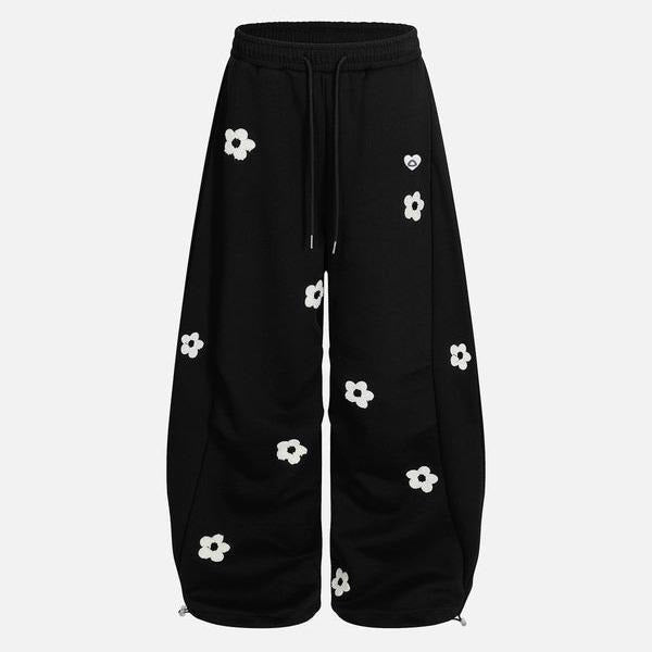 Floral Embroidered Wide Leg Sweatpants with Drawstring