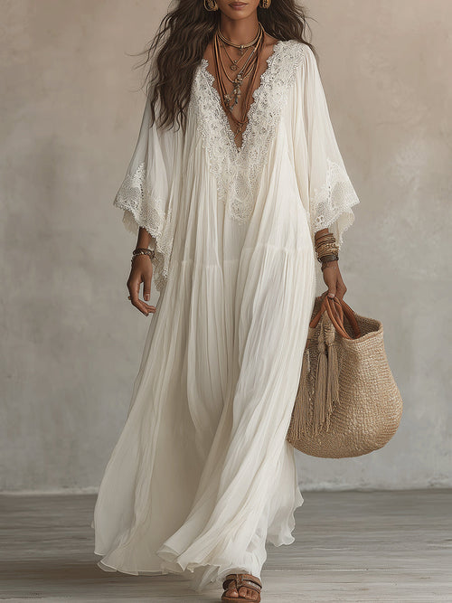 Robe longue bohème à volants en dentelle, à manches évasées