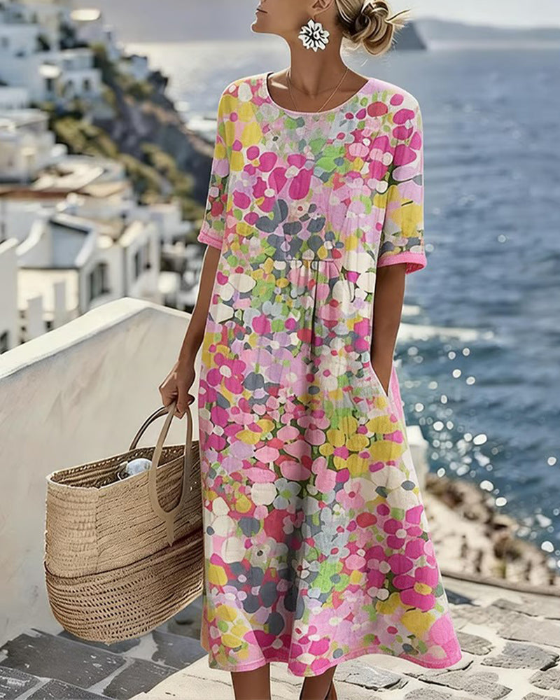 Abstract Floral Print Short Sleeve Midi Dress