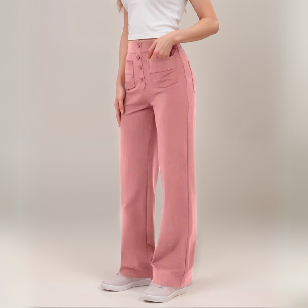 High-Waisted Wide Leg Trousers with Button Front