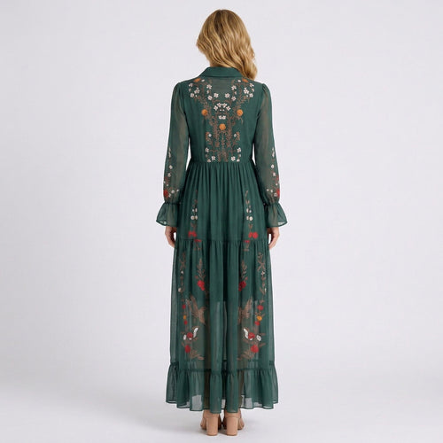 Embroidered Maxi Dress – Collared Belted Tiered Style