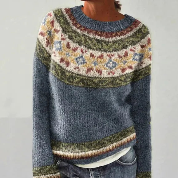 Women's Fair Isle Boat Neck Patterned Knit Sweater