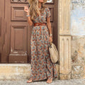 Paisley Print Belted Maxi Dress with V-Neckline