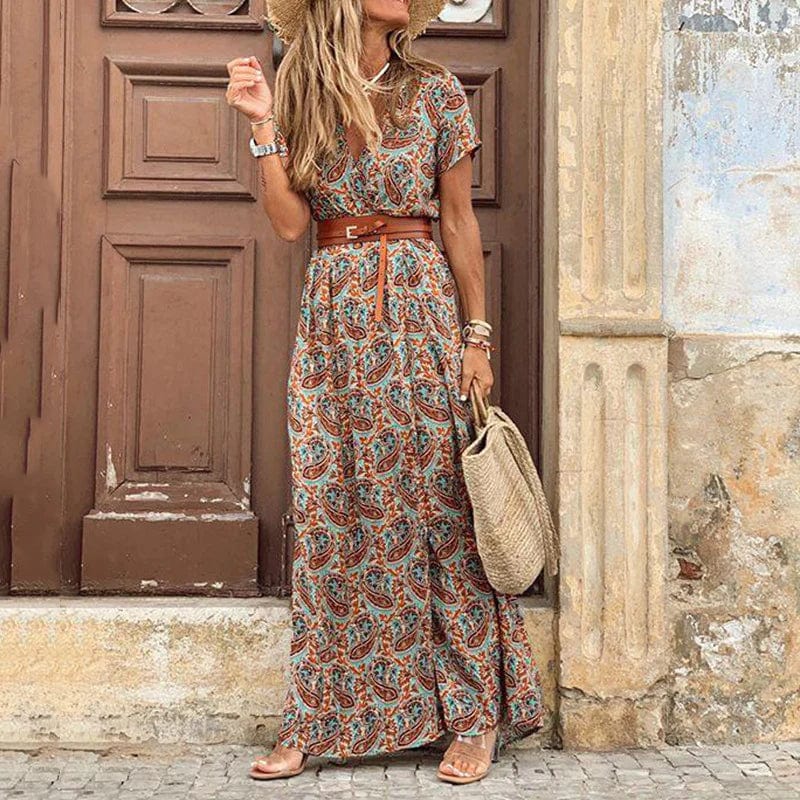 Paisley Print Belted Maxi Dress with V-Neckline