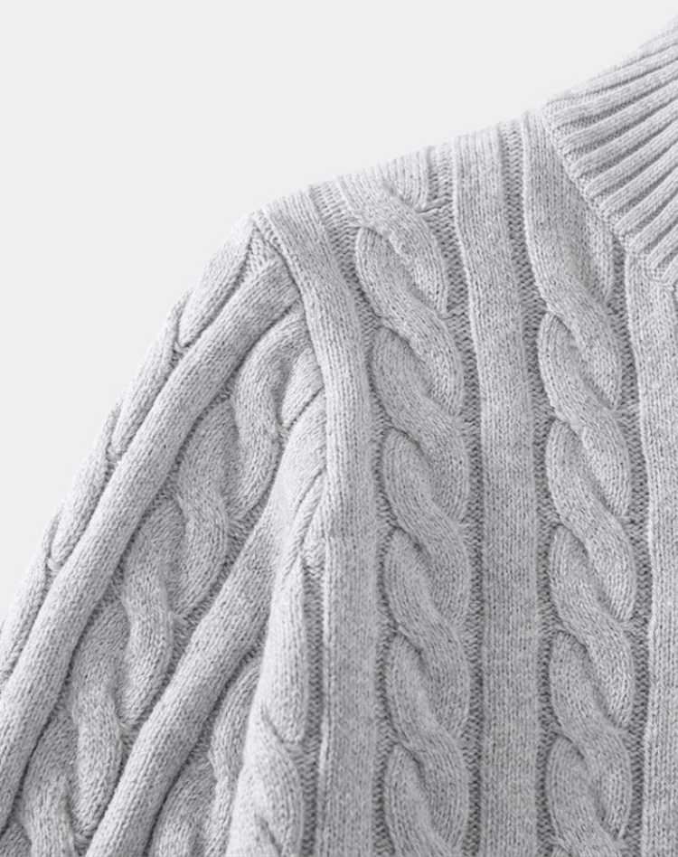 Men's cable knit half-zip mock neck sweater with long sleeves and ribbed trims