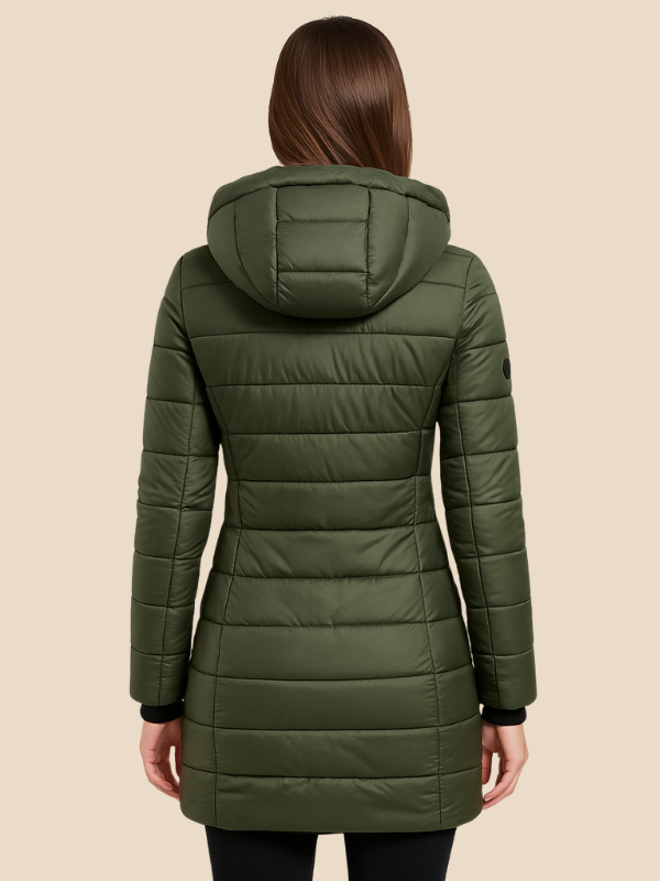 Women's hooded navy quilted longline puffer coat with zip front and angled zip pockets