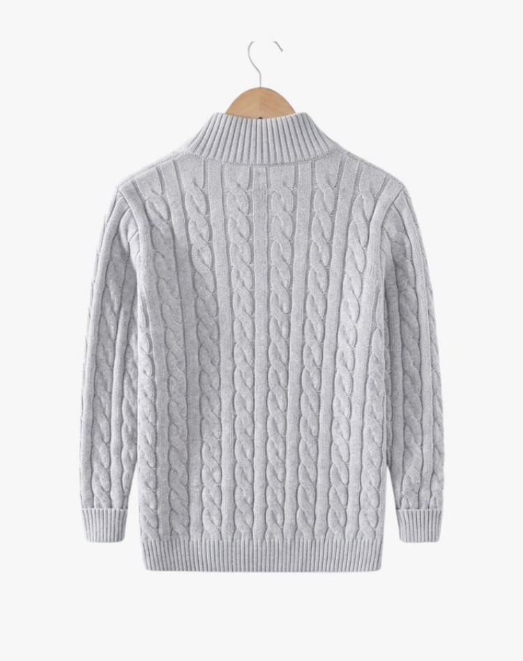 Men's cable knit half-zip mock neck sweater with long sleeves and ribbed trims