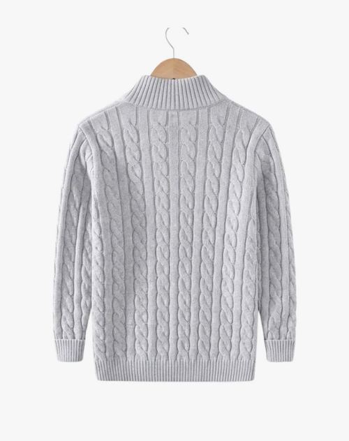 Men's cable knit half-zip mock neck sweater with long sleeves and ribbed trims