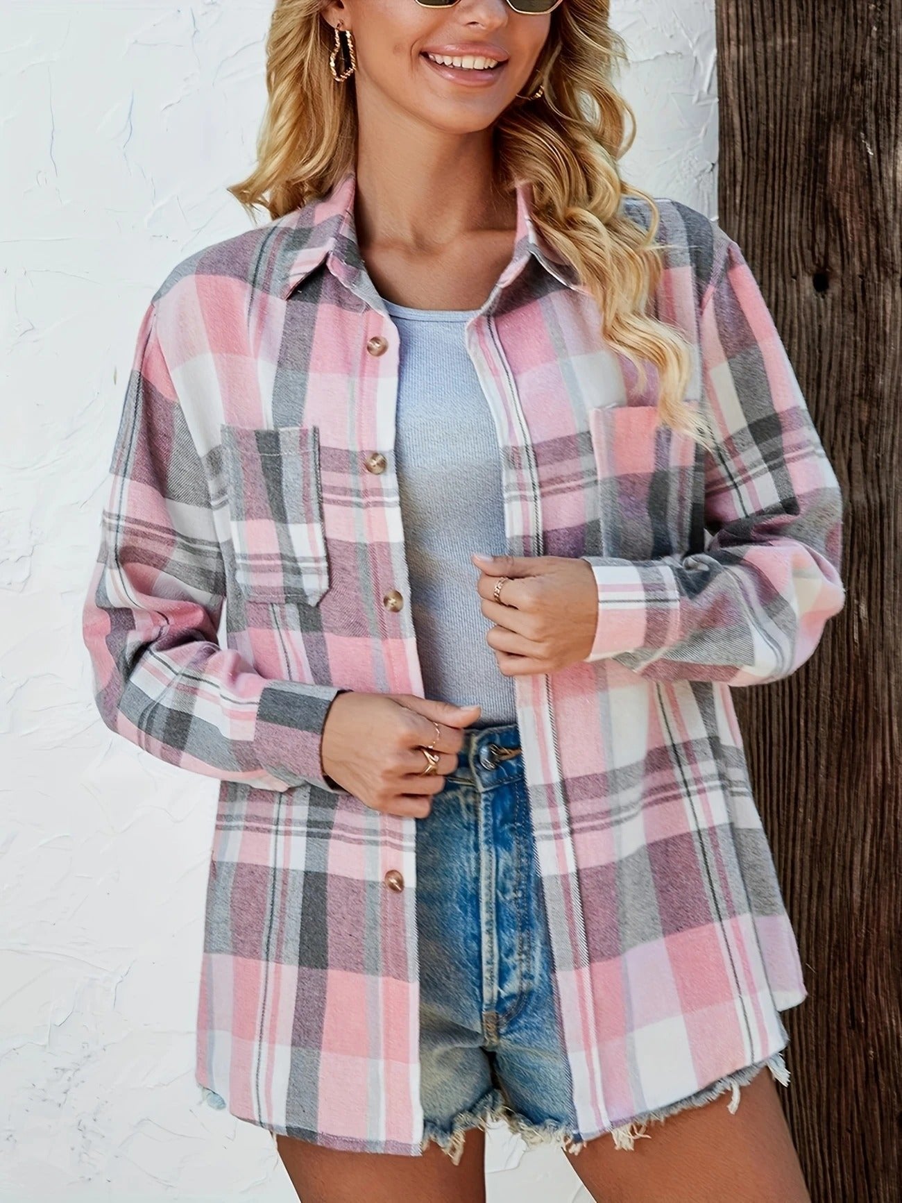 Surchemise-chemise en flanelle à carreaux oversize pour femme, boutonnée