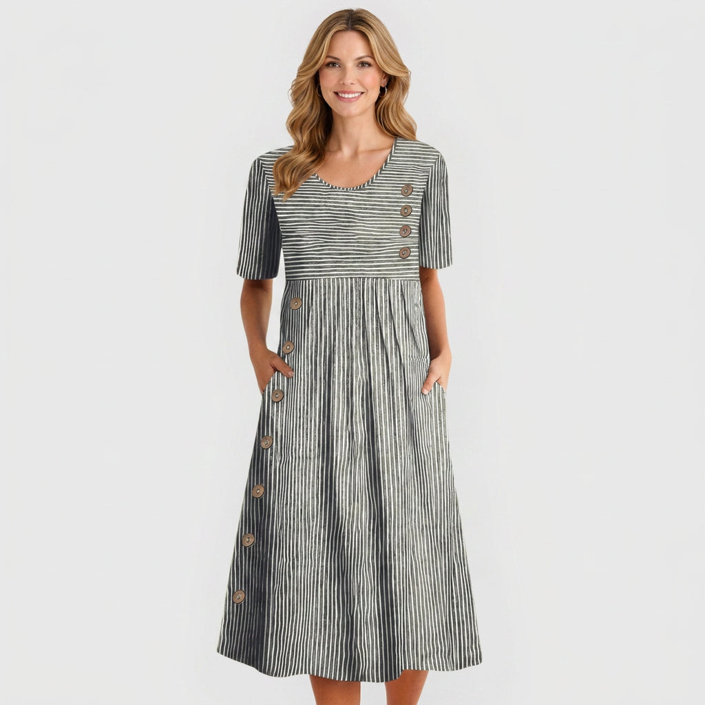 Women’s Striped Midi Dress – Short Sleeve Button Detail Pocket Style