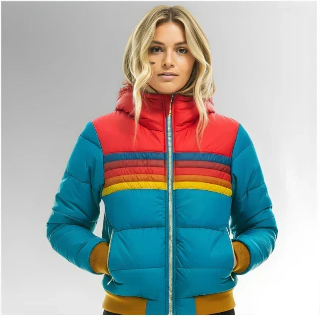 Women's striped colour block hooded puffer jacket with long sleeves and zip pockets