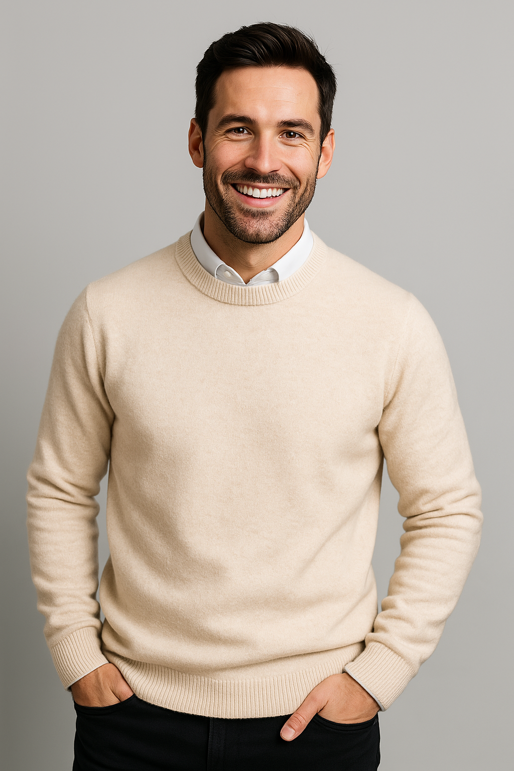 Men's solid crew neck knit pullover sweater with long sleeves and ribbed cuffs