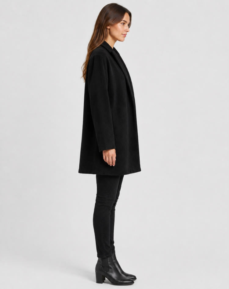 Women's open front swing coat with lapel collar and long sleeves