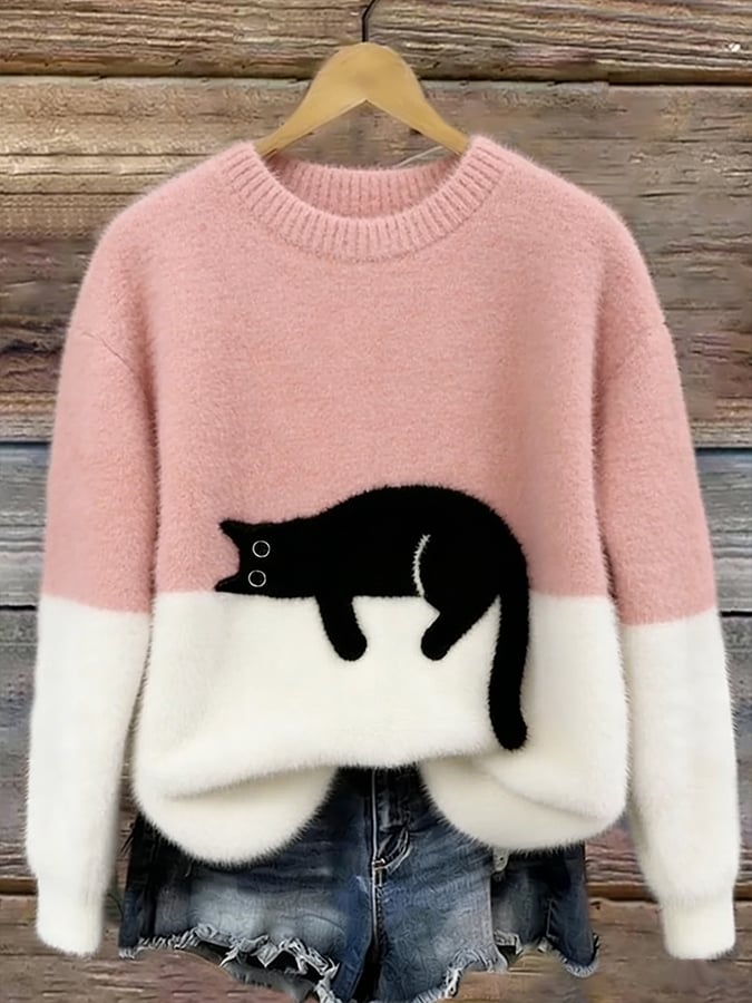 Women's Fluffy Cat Motif Colour Block Jumper