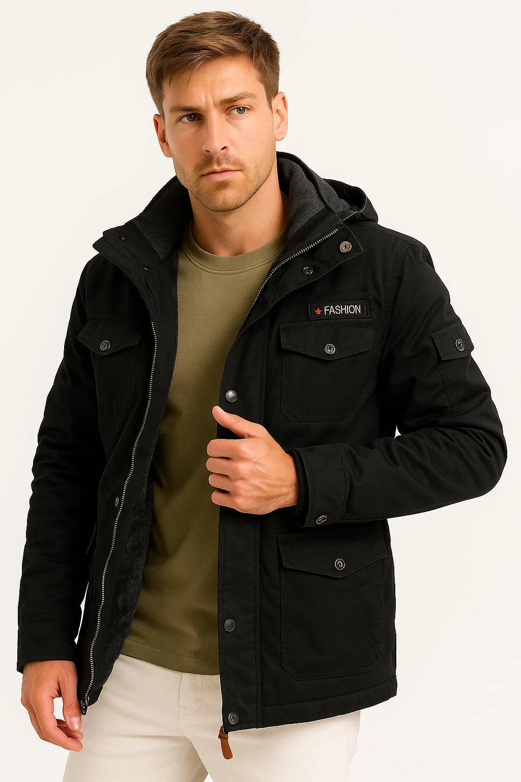 Men's utility field jacket with stand collar, long sleeves and multiple flap pockets