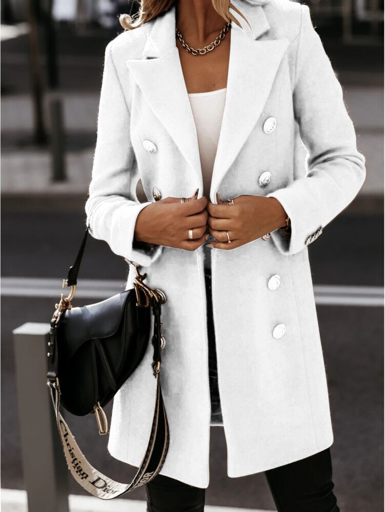 Women's long double-breasted notch lapel coat with metallic-look buttons