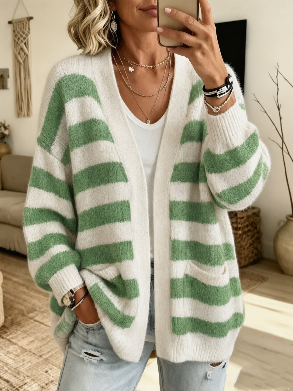 Women's Striped Oversized Open-Front Knit Cardigan