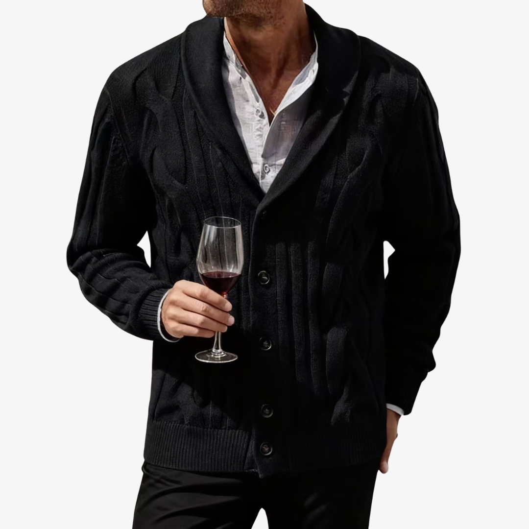Men's cable knit cardigan with shawl collar, long sleeves and button front