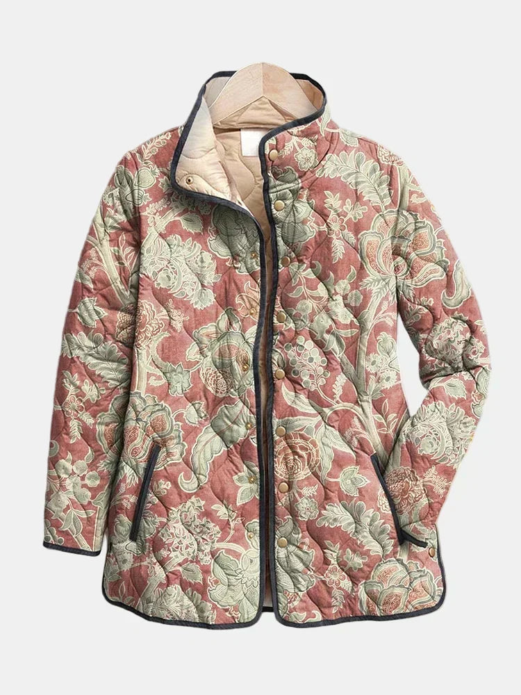 Women’s Vintage Floral Print Quilted Snap Button Jacket