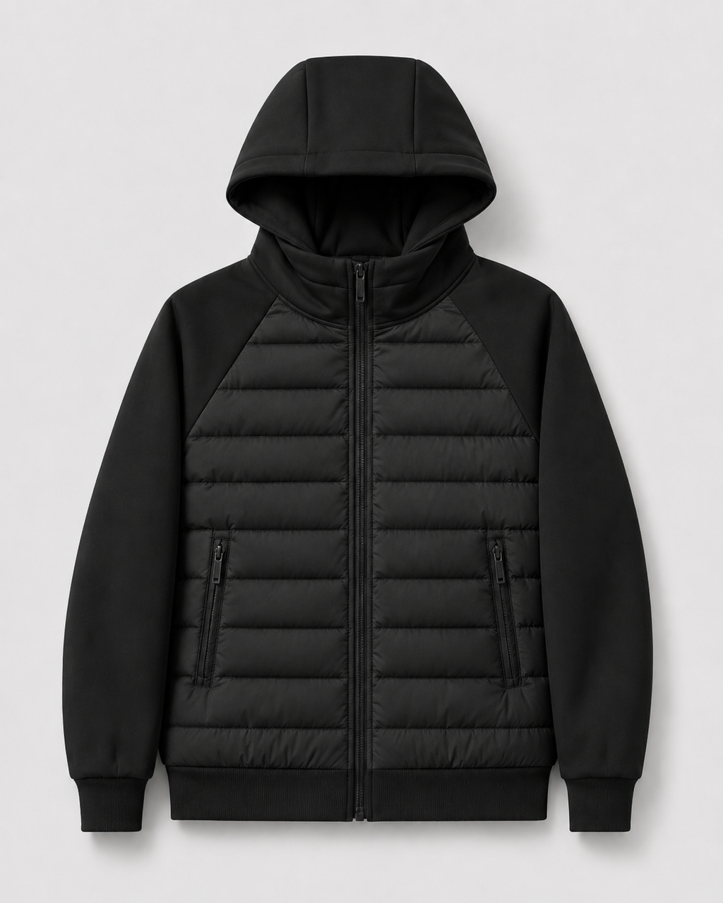 Men's quilted hooded zip jacket with long sleeves and front zip pockets