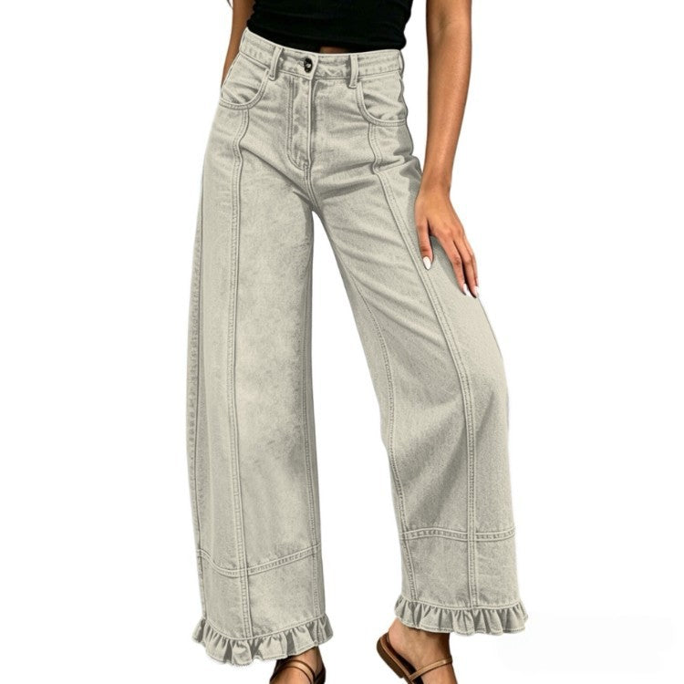 Women's Wide Leg Jeans with Ruffle Hem Detail