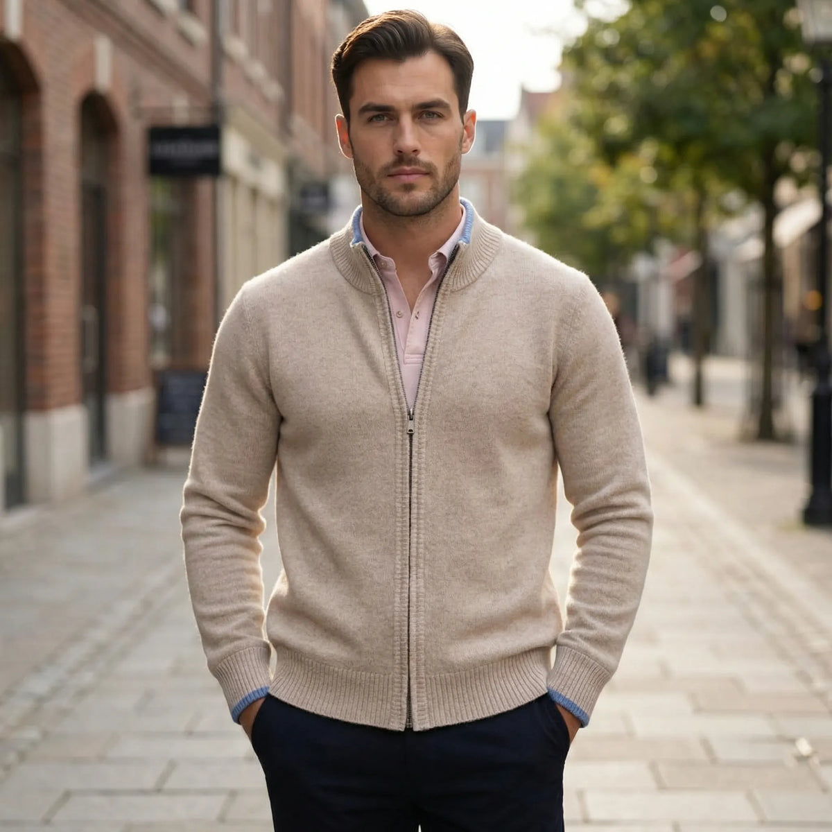 Men's plain knit cardigan with mock neck and full front zipper