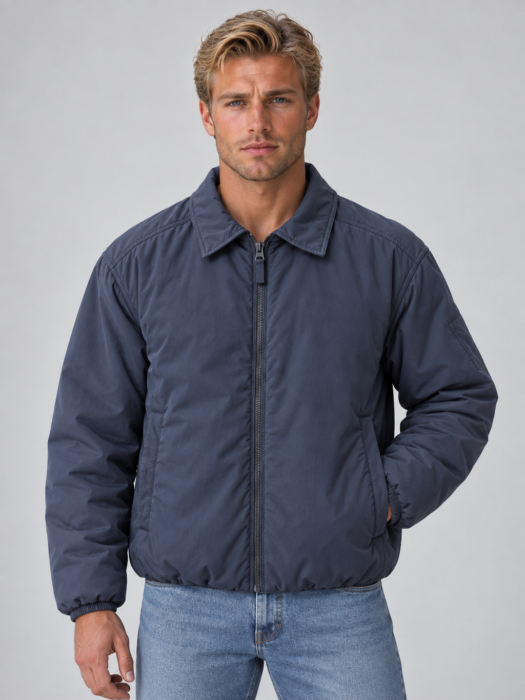 Men's padded collared bomber jacket with zip front and angled pockets