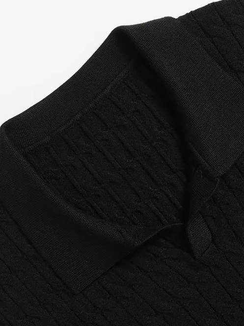 Men's long-sleeve cable knit polo sweater with Johnny collar