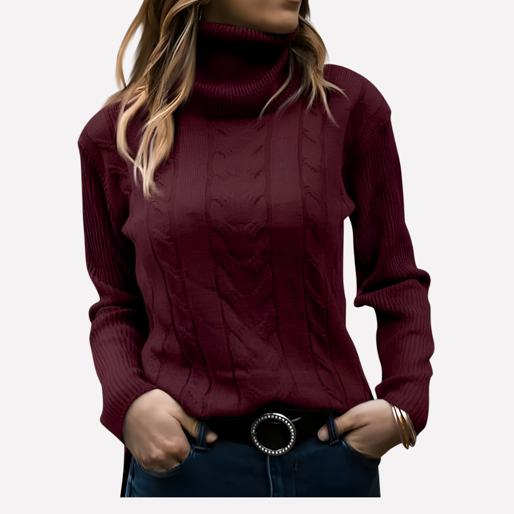 Women's slim fit cable knit turtleneck jumper with long sleeves