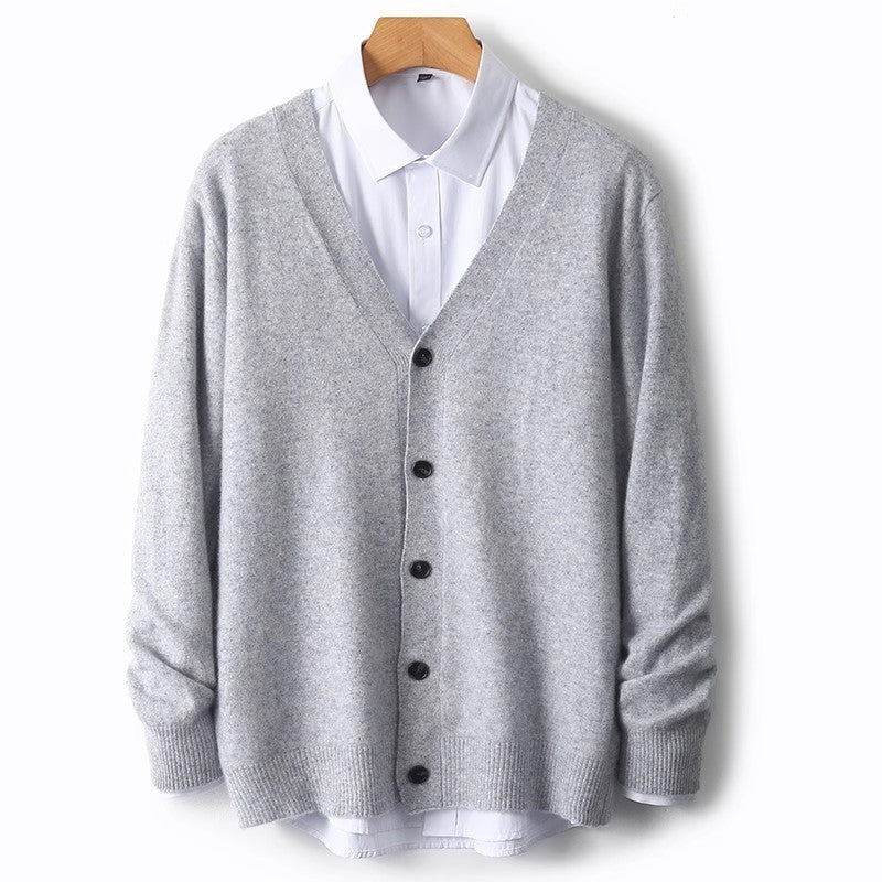 Men's heathered knit V-neck button cardigan with long sleeves