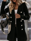 Women's long double-breasted notch lapel coat with metallic-look buttons
