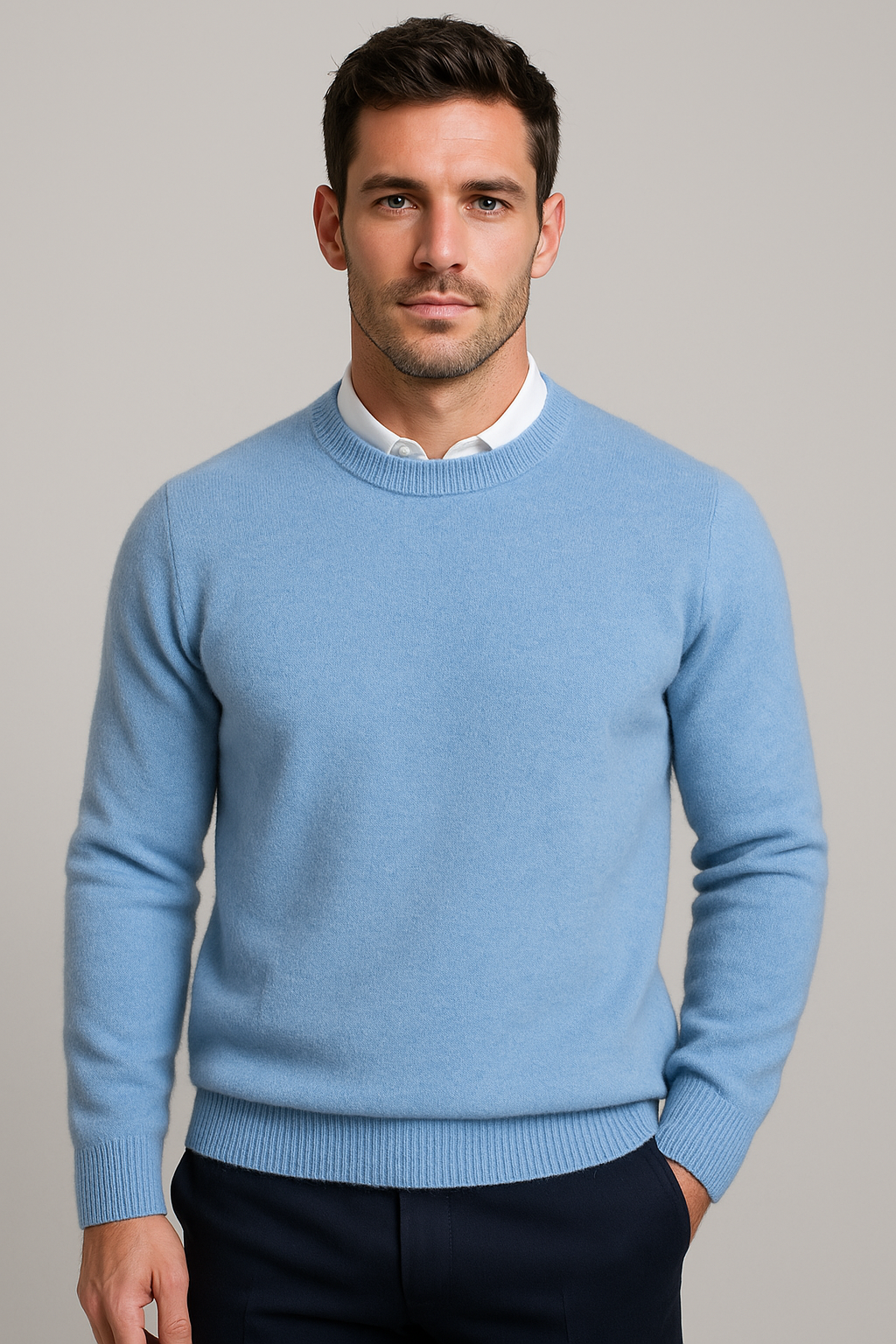 Men's solid crew neck knit pullover sweater with long sleeves and ribbed cuffs