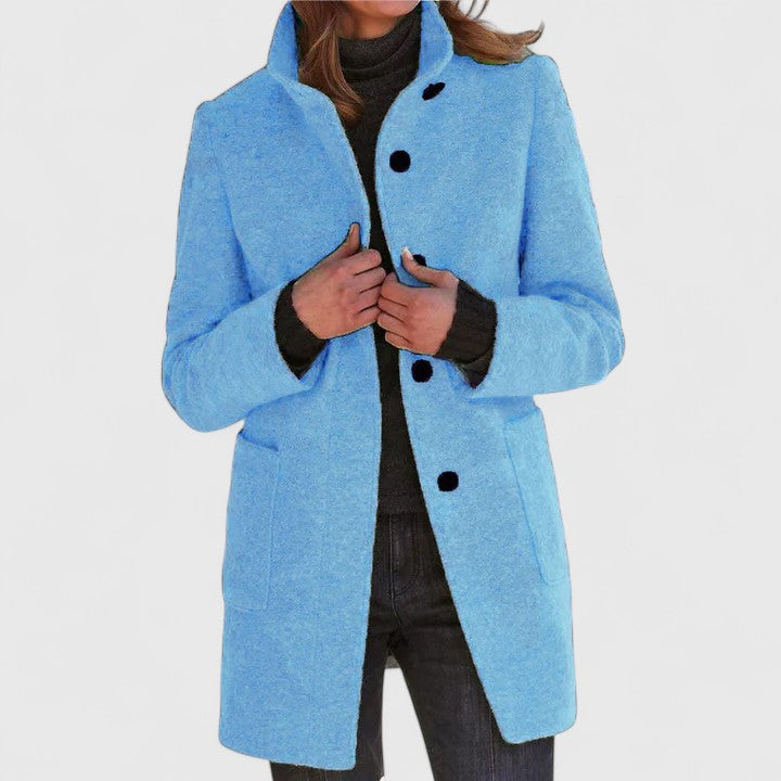 Women's textured stand collar coat with long sleeves, buttons and patch pockets