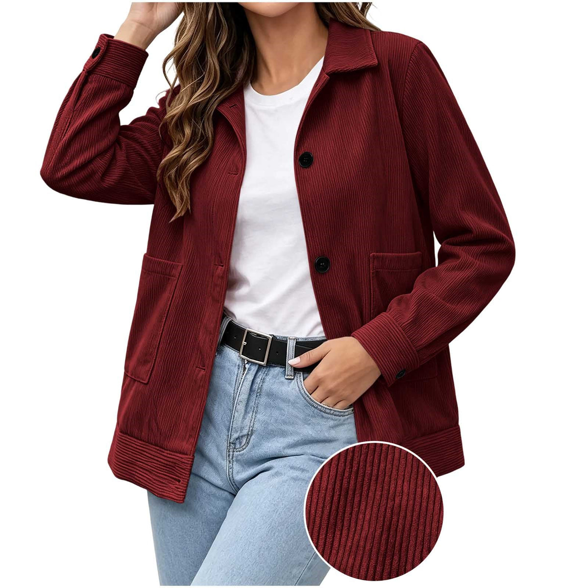Women's Corduroy Button-Up Jacket with Patch Pockets