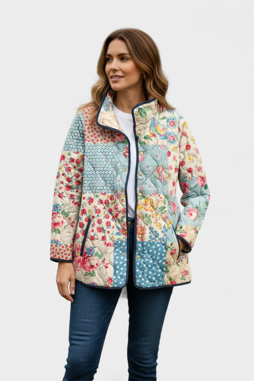 Veste matelassée fleurie patchwork pour femme à boutons-pression sur le devant