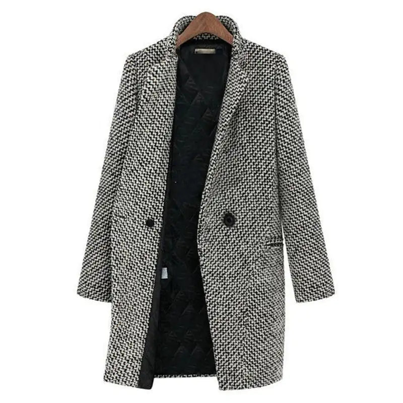 Women's black-and-white herringbone longline coat with notch lapel and long sleeves