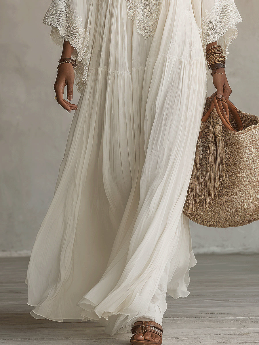 Boho Lace Trim Tiered Maxi Dress with Flared Sleeves
