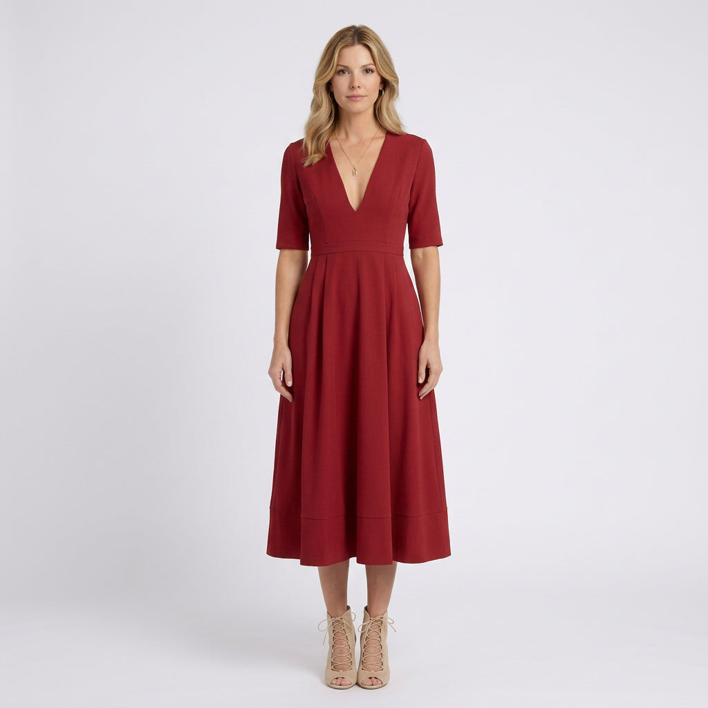 Women’s Midi Dress V Neck Fit and Flare – Short Sleeve Occasion Dress