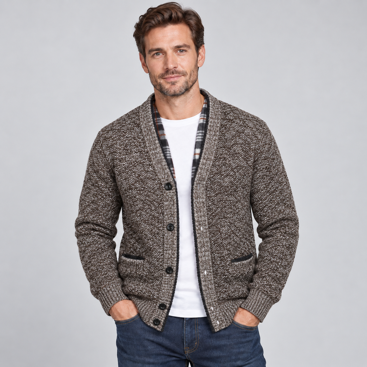 Men's Knit Shawl Collar Cardigan with Plaid Trim