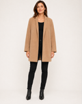 Women's open front swing coat with lapel collar and long sleeves