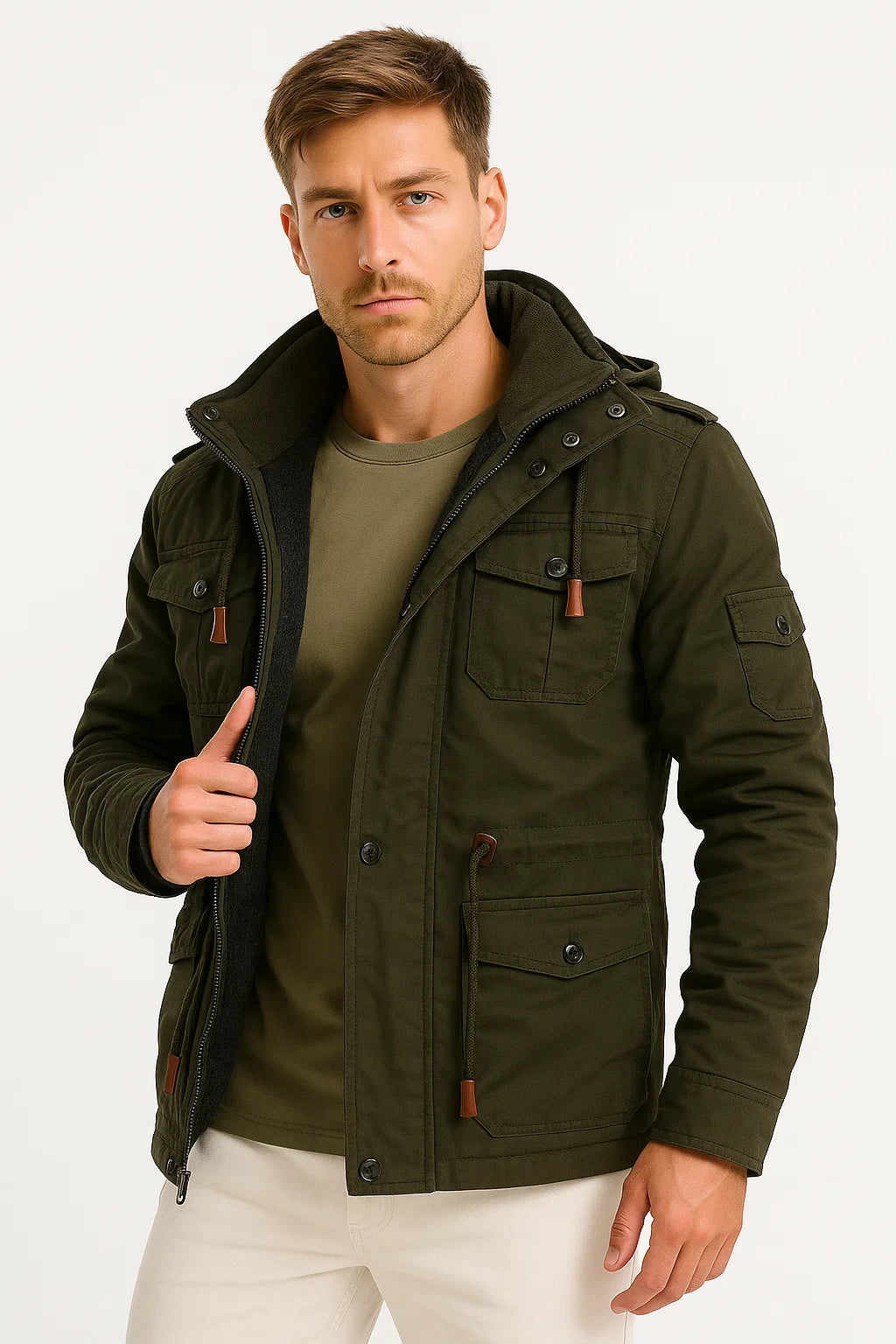 Men's utility field jacket with stand collar, long sleeves and multiple flap pockets