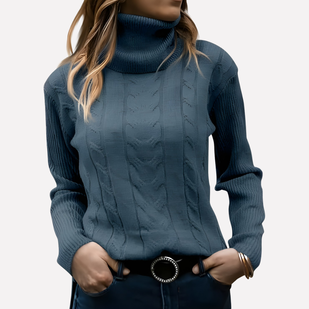 Women's slim fit cable knit turtleneck jumper with long sleeves