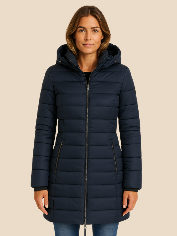 Women's hooded navy quilted longline puffer coat with zip front and angled zip pockets