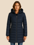 Women's hooded navy quilted longline puffer coat with zip front and angled zip pockets
