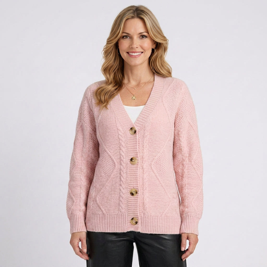 Cable Knit Cardigan – V-Neck Button Front Style